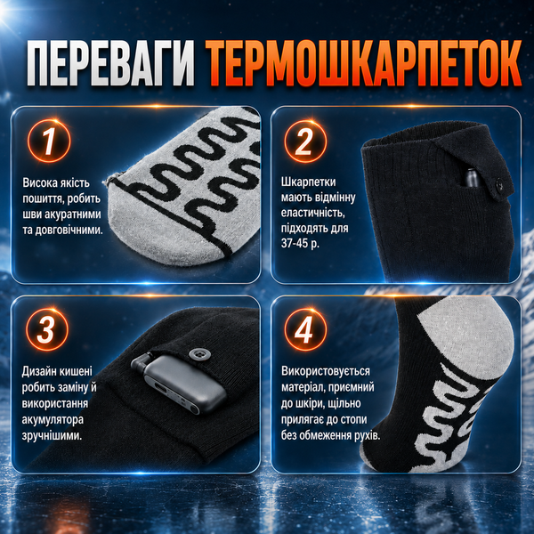 Шкарпетки з підігрівом Thermo Pulse, керування з телефону або кнопкою, 5000 mAh, розмір 37-45, чорно-білий 4014416 фото