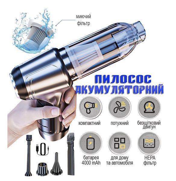Акумуляторний ручний пилосос ST-6645Pro, 12 000 Па, бездротовий, потужний, 3-в-1, срібний 4018612 фото