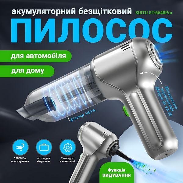 Автомобільний портативний пилосос 3в1 SUITU ST-6648Pro Max, універсальний, бездротовий, безщітковий, 12000 Па, срібний 4014355 фото