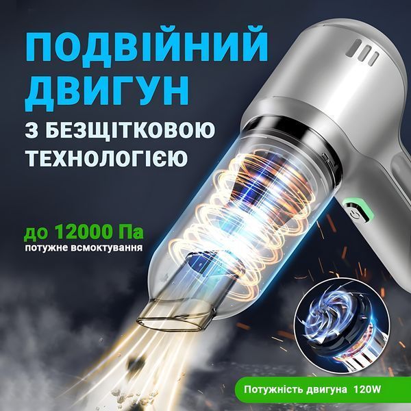 Автомобільний портативний пилосос 3в1 SUITU ST-6648Pro Max, універсальний, бездротовий, безщітковий, 12000 Па, срібний 4014355 фото