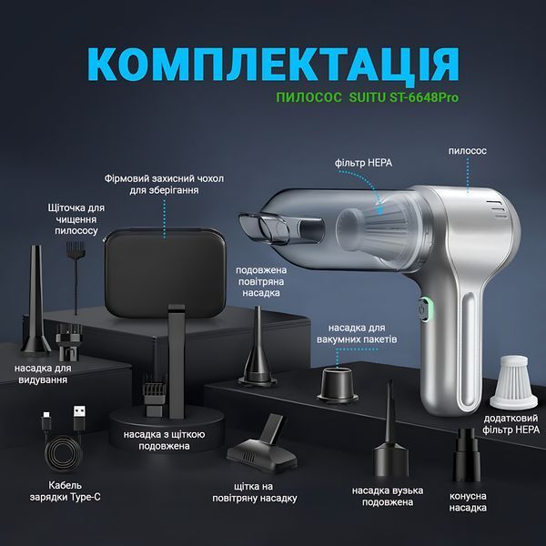 Автомобільний портативний пилосос 3в1 SUITU ST-6648Pro Max, універсальний, бездротовий, безщітковий, 12000 Па, срібний 4014355 фото