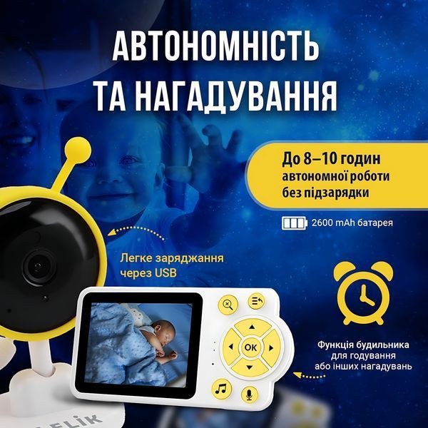 Видеоняня LELIK Mini Alien с большим HD-экраном, двухсторонней связью, датчиком плача, движения и температуры, с ночным видением 4014393 фото