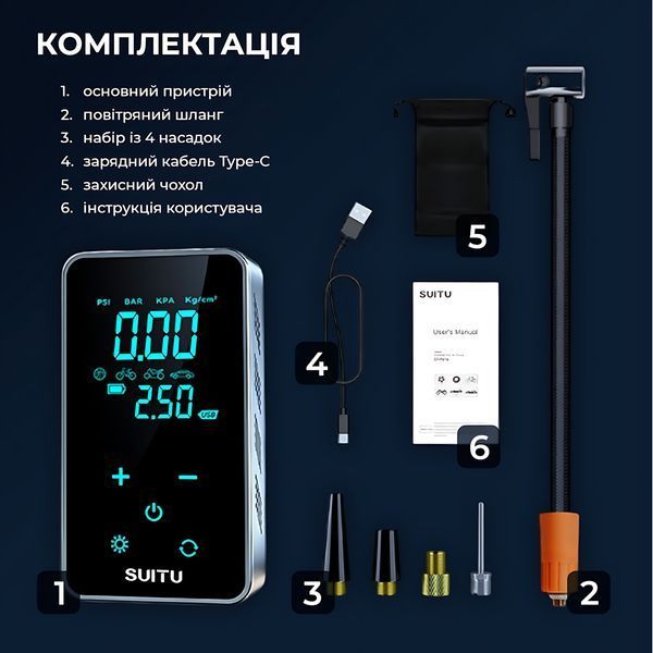 Автокомпрессор портативный аккумуляторный, давление до 10 атмосфер, 16л/мин, SUITU ST-9616C, черный 4013969 фото