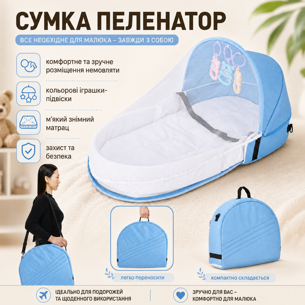 Сумка-пеленатор и переносная кроватка с москитной сеткой, голубой 4018506 фото