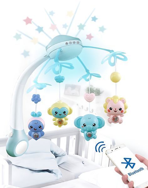 Мобиль детский на кроватку аккумуляторный с проектором NeoBaby, музыкальная детская карусель 3 в 1 для кроватки, розовый 4013549 фото
