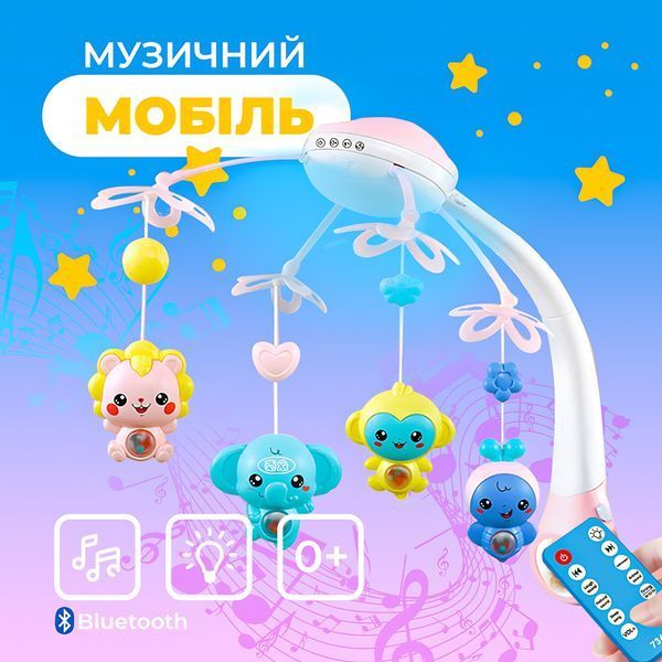 Мобиль детский на кроватку аккумуляторный с проектором NeoBaby, музыкальная детская карусель 3 в 1 для кроватки, розовый 4013549 фото