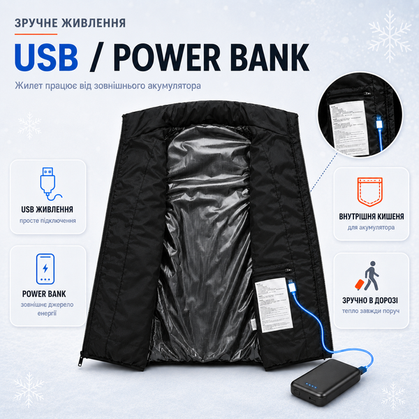 Жилет с подогревом, USB-порт, 9 зон подогрева, от PowerBank, размер 5XL 4018711 фото