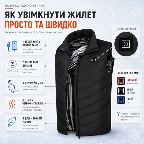 Жилет з підігрівом, USB-порт, 9 зон підігріву, від PowerBank, розмір 5XL 4018711 фото