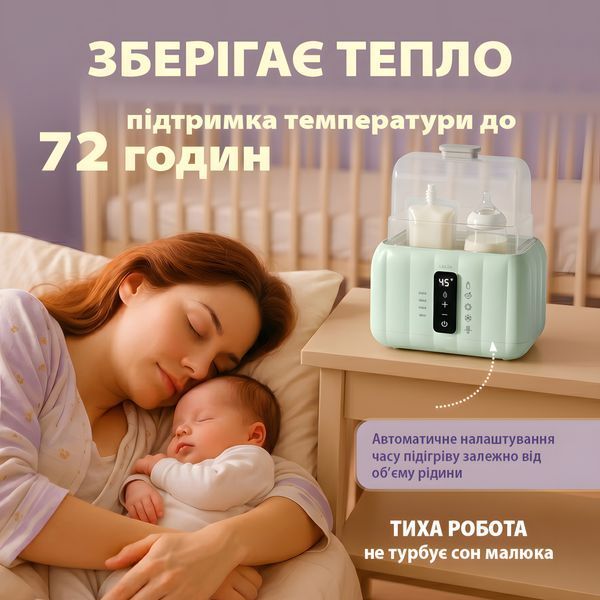 Підігрівач-стерилізатор для дитячих пляшечок LELIK&trade; Averon, українське меню, 6в1 на дві пляшечки, м&rsquo;ятний 4014638 фото