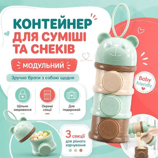 Портативний контейнер для дитячої суміші на 3 секції, розбірний дозатор для сухого харчування 4014690 фото