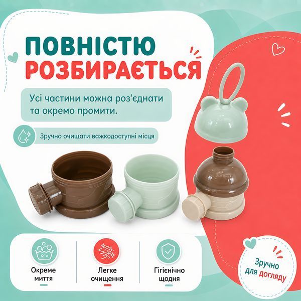 Портативний контейнер для дитячої суміші на 3 секції, розбірний дозатор для сухого харчування 4014690 фото