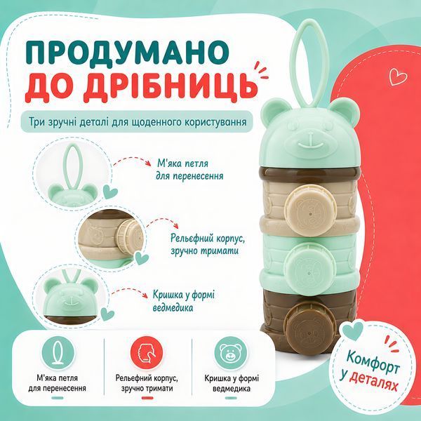 Портативний контейнер для дитячої суміші на 3 секції, розбірний дозатор для сухого харчування 4014690 фото